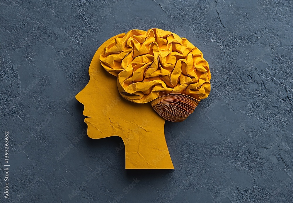 Aufkleber innovative yellow paper brain craft depicted in head profile against textured background : generativ