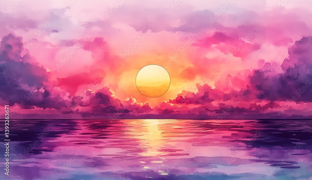 Aufkleber beautiful watercolor evening sky with sun and colorful clouds above calm ocean : generative ai