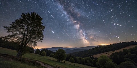 Milky Way and Meteors Over Rolling Hills Landscape, nightscape ,astronomy