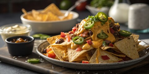 Loaded Nachos with JalapeÃ±os and Cheese Sauce, Mexican , Food photography