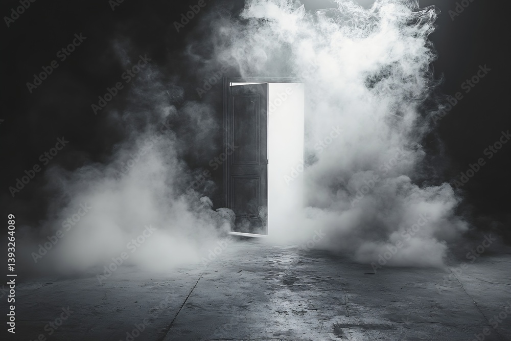 Poster ethereal doorway surrounded by smoke a mysterious passage to the unknown in dark room high contrast 