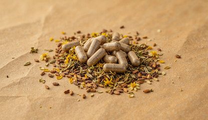 Pile of herbal capsules, earthy tones, showcasing natural supplements against a rustic backdrop