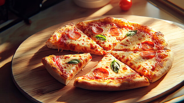 slace of tasty pizza on wooden table