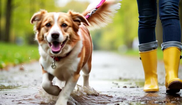 Happy dog running through puddles with owner in rain boots, Spring rain   