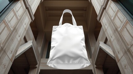White tote bag suspended in front of architectural building elements