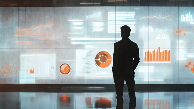 entrepreneur standing in front of a whiteboard with business charts and graphs, discussing strategy in a corporate meeting room 
