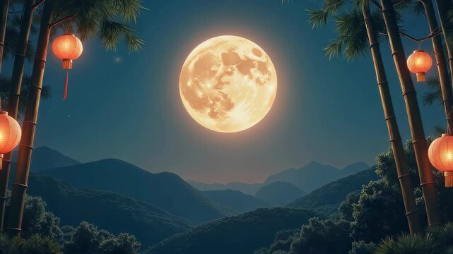 Full Moon Illuminating Lantern-Lit Bamboo Forest at Night  