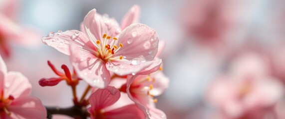 Obraz premium Delicate pink cherry blossoms with water droplets gleaming in soft light, signifying spring's renewal.