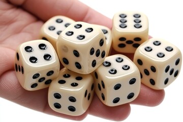Handful of ivory dice with black dots, showing various numbers.