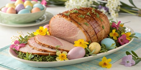 Festive Easter Ham with Colorful Eggs and Spring Flowers, holiday , food photography