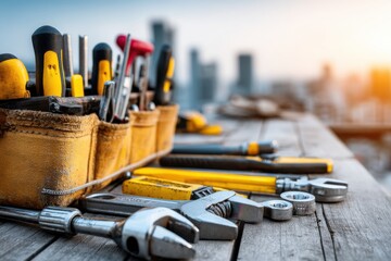A construction worker's tool belt with a variety of tools on a wooden surface, against a blurred skyline background with warm sunset light during a renovation job