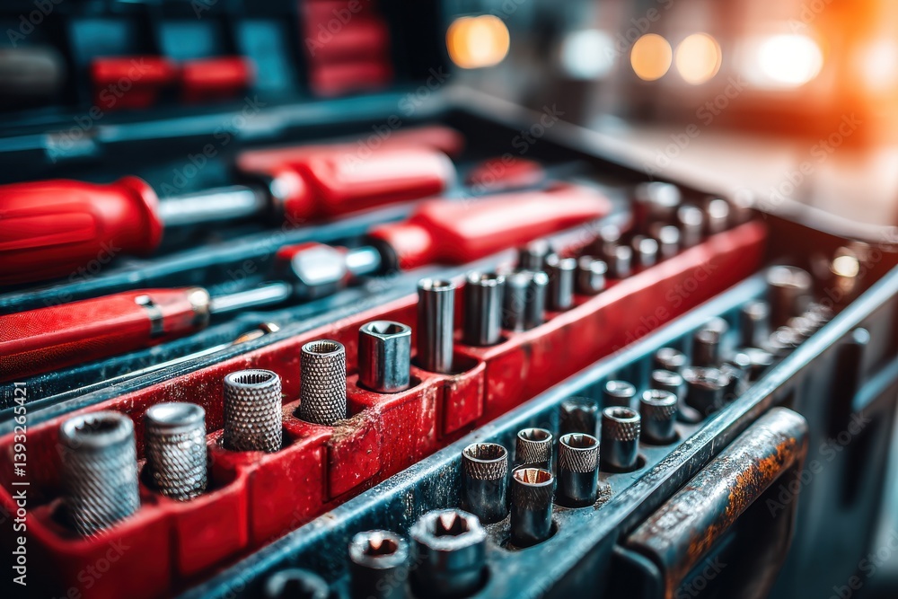 Poster a close-up of a well-organized toolbox with screwdrivers and socket set, providing a clear view of t