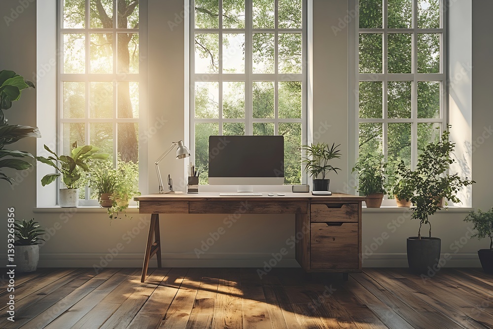 Aufkleber sunlit home office with natural light streaming through windows rustic wooden desk and plants worksp