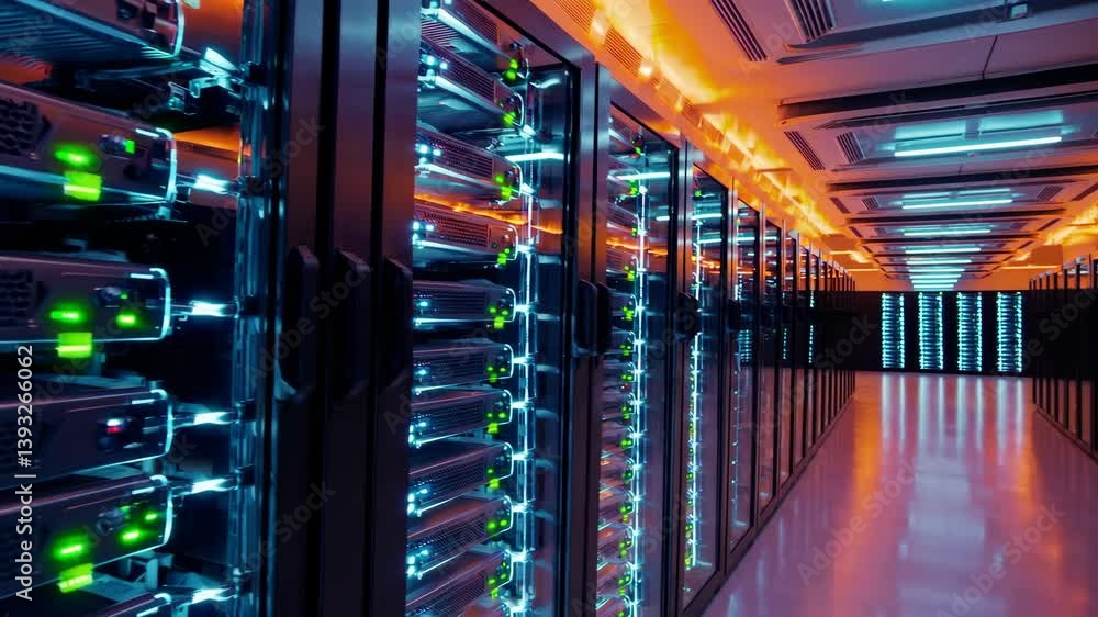 Poster futuristic data center with vibrant led lights and server racks in perspective