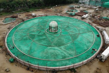 Naklejka premium Aerial view of a large circular structure with an central dome under construction, surrounded by construction equipment and materials on a wet ground area, green tarpaulin.