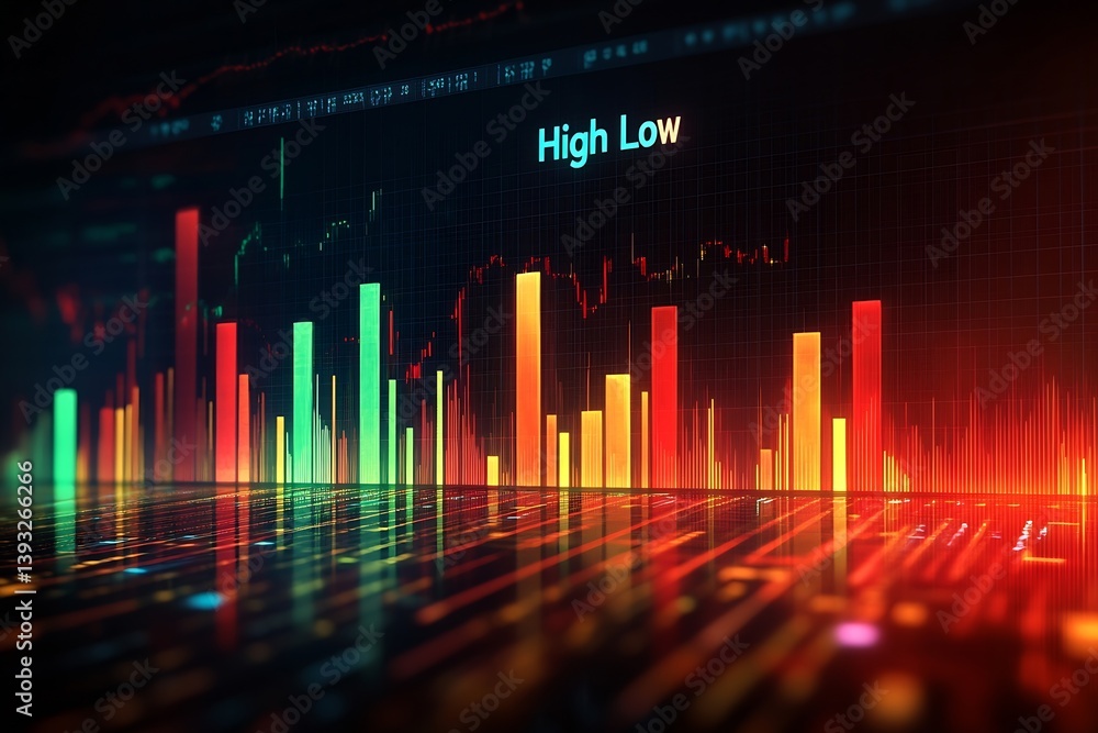 Poster Stock Market Chart with High Low Indicators Colorful Financial Data Analysis Graph Investment Visualization : Generative AI