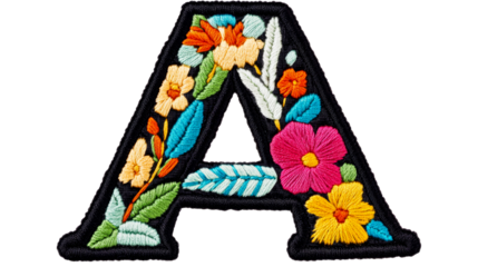Floral embroidered letter A alphabet design, colorful, detailed, cut out transparent