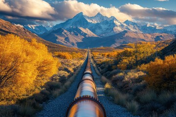 Vast oil pipeline extends through autumn landscape with mountains in the background