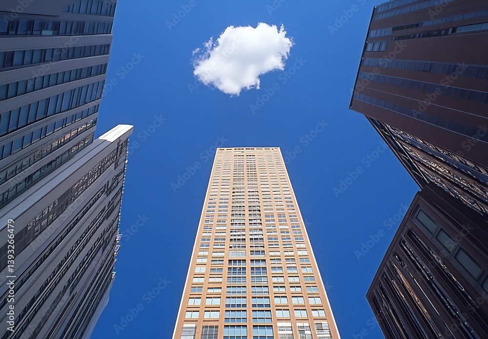 Poster impressive towering skyscrapers reaching towards the blue sky with a fluffy cloud above : generative