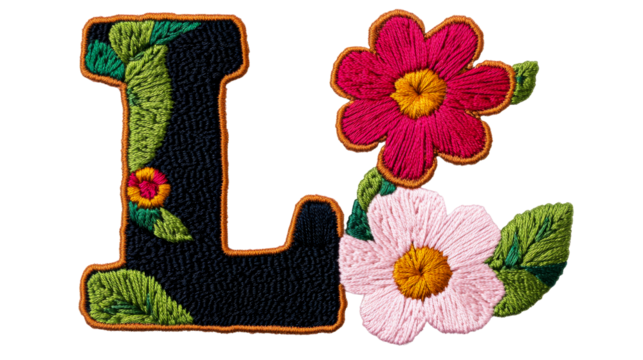 Embroidered "L" with floral embellishments, ornate craftsmanship, isolated, cut out transparent