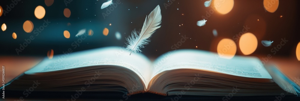 Leinwandbilder Delicate feather floats gracefully above an open storybook, creating a magical and dreamy atmosphere