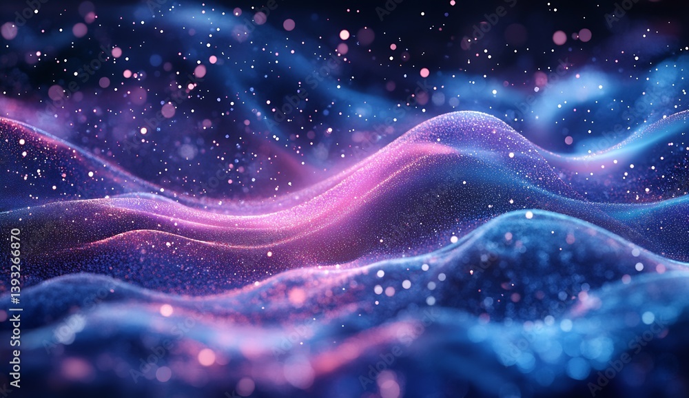 Poster Dreamy waves of light in purple and blue swirling together with sparkling particles creating a surreal visual experience : Generative AI