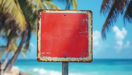 An old weathered red sign on a tropical beach scene