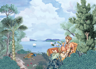 Mughal king and Queen enjoying a lovely moment on the river bank, with peacock. swan, Lotus, Vintage landscape wallpaper. © NoniGopal