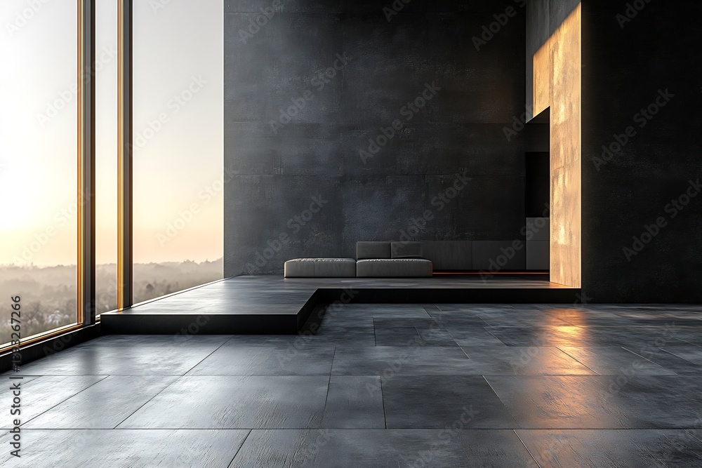 Poster modern minimalist interior with gray concrete walls and floor featuring scenic window view : generat