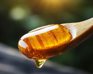A wooden honey dipper holding dripping golden sweet liquid honey