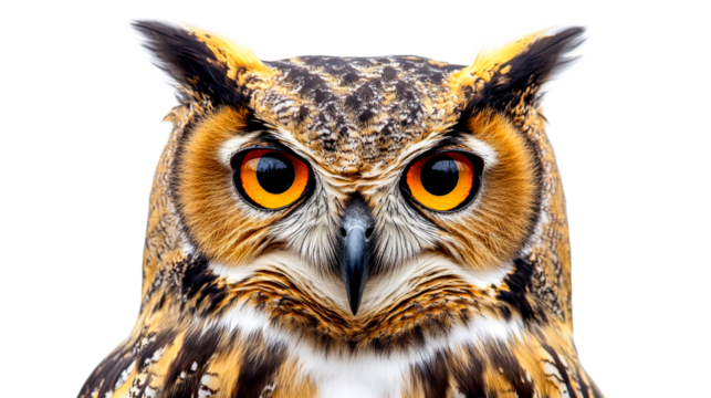 Close up detailed owl portrait, bird with intense gaze , cut out transparent - Powered by Adobe