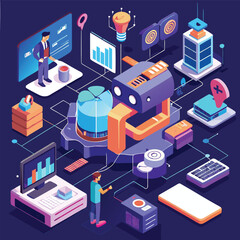 Fototapeta premium Isometric 3D vector illustration set features social network icons amidst urban city buildings and business architecture