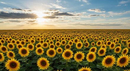 Obraz premium Sunlit Sunflower Field at Sunset - Expansive field of sunflowers basking in the golden light of a setting sun, creating a breathtaking natural landscape