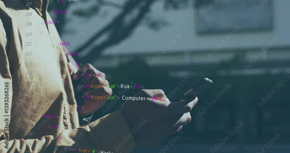 Poster using smartphone with coding overlay showing terms like spyware and risk animation