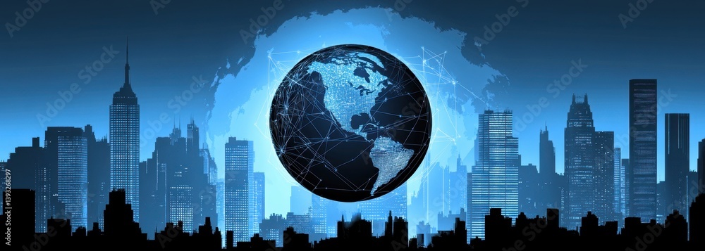 Poster a digital globe with lines connecting cities, representing global business and connectivity in the w