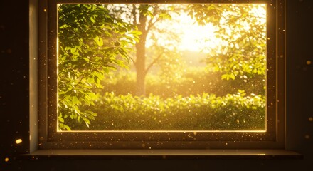 Naklejka premium Sunlit Window View - Golden sunlight streams through a window, illuminating lush green foliage and a tranquil garden scene. Dust motes dance in the sunbeams
