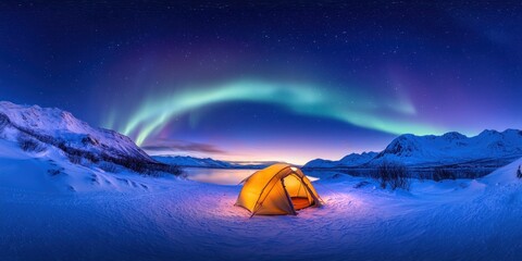 Illuminated Tent Underneath Arctic Aurora Borealis