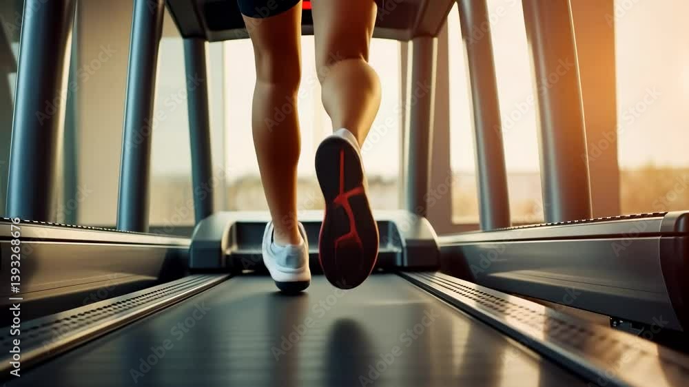 Poster low-angle video shot of a person running on a treadmill, capturing dynamic motion and energy, with a