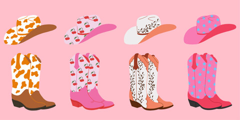 Collection cowboy boots and hats. Animal print. Cherry print. Cowboy western and wild west theme. Hand drawn vector illustration. Pink background