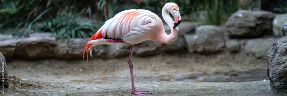 Poster elegant flamingo resting on one leg with pink and white feathers displayed in serene habitat