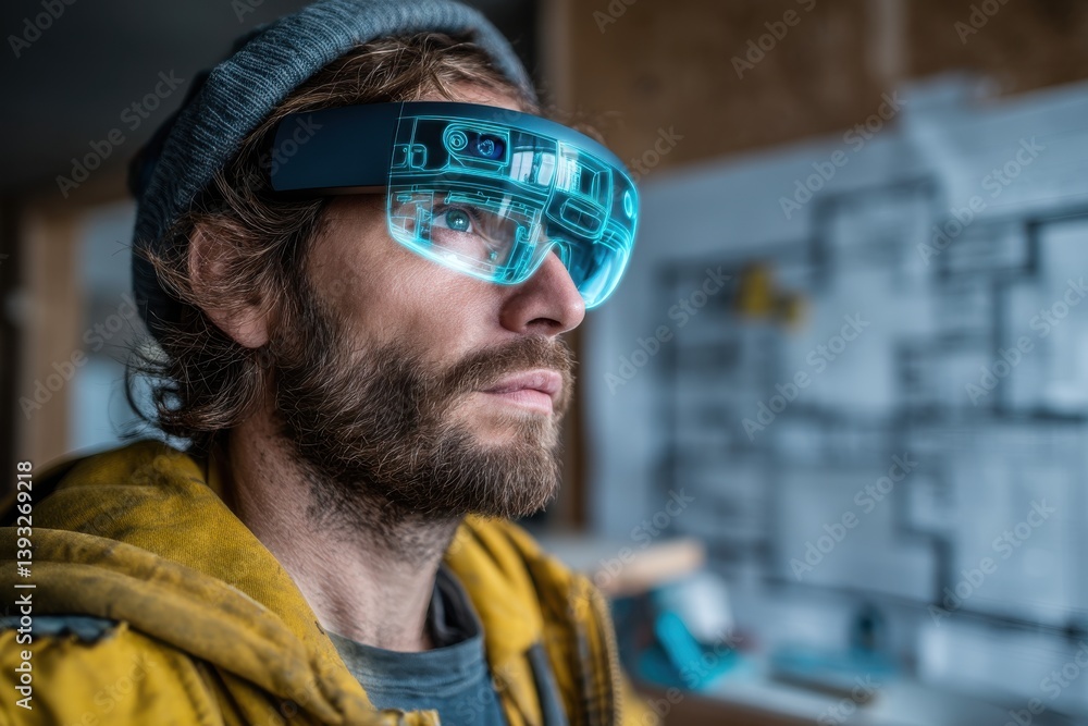 Poster futuristic worker using augmented reality glasses to view plans in a modern workspace, showing advan