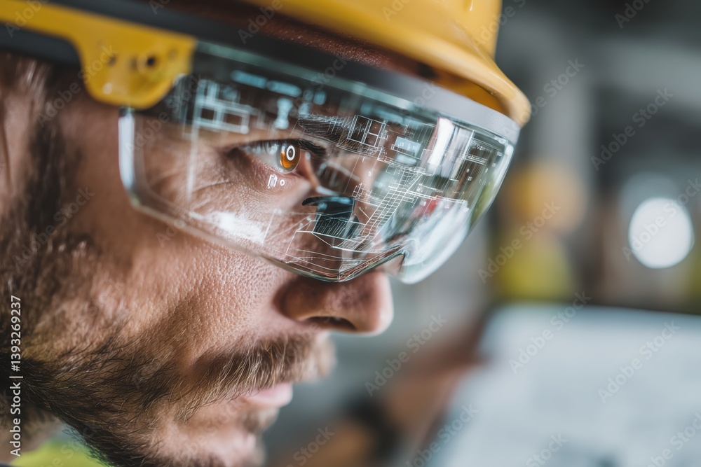 Poster close up of engineer using augmented reality glasses to view architectural plans on a construction s
