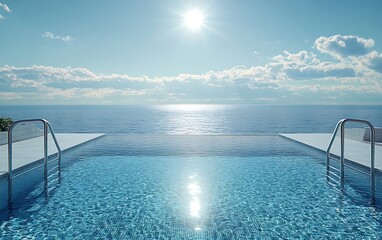 Obraz premium Infinity Pool Overlooking Ocean with Bright Sun and Clouds in Blue Sky Luxury Vacation Destination Summer Travel Serene Scene : Generative AI