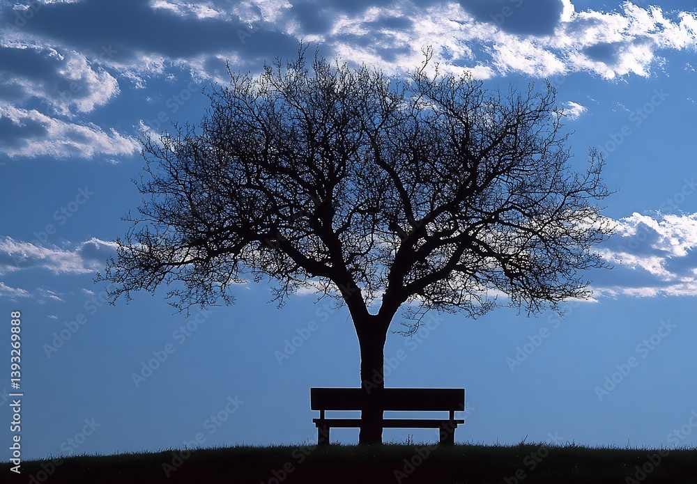 Aufkleber silhouetted tree and bench under dramatic cloudy sky at dusk in a tranquil landscape : generative ai