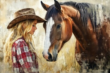 young blonde girl in cowboy hat and boots in checkered shirt with bay horse in nature.....