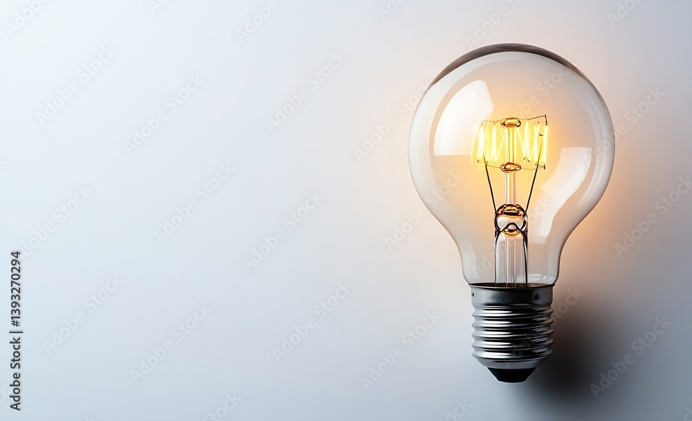 Poster glowing light bulb with filament on white background symbol of innovation creativity and bright idea