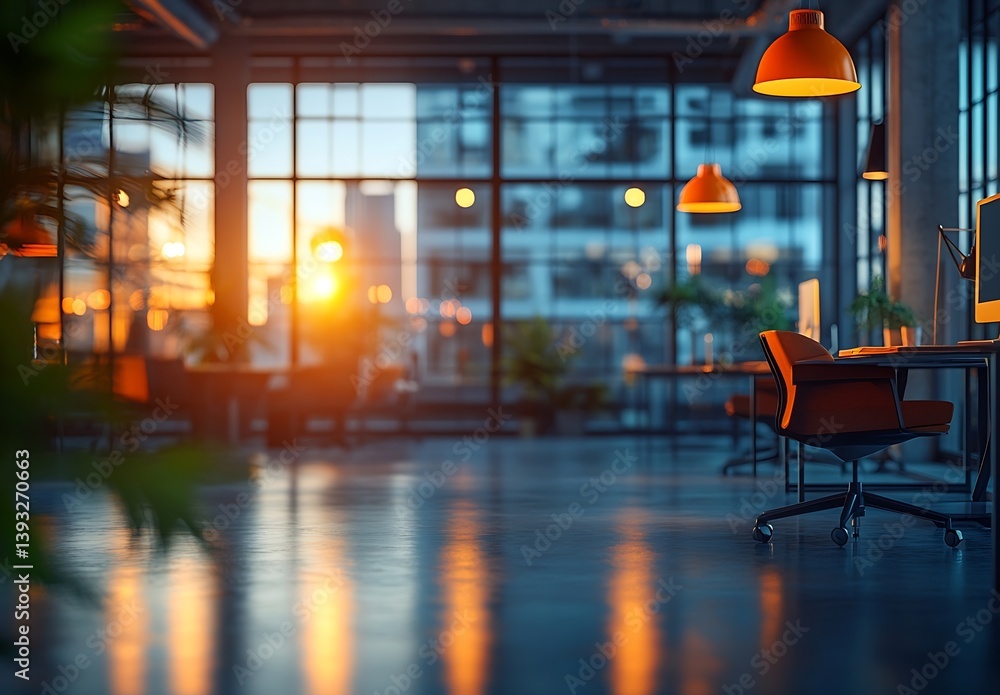 Poster Modern Open Office Space with Sunset View and Warm Lighting Design for Creative Work Environment : Generative AI