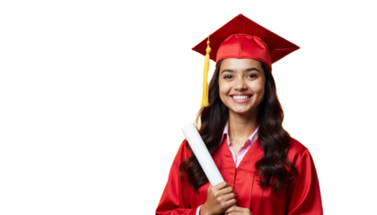 Graduate in red cap and gown holding diploma smiling proudly