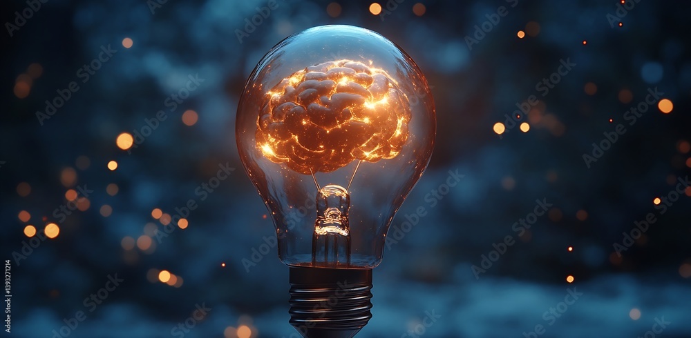 Poster Brain Idea Lightbulb Creative Spark Innovation Concept with Glowing Brain inside a Glass Bulb : Generative AI