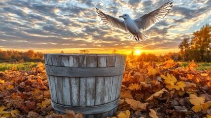 A seagull soars over a wooden barrel amidst autumn foliage at sunset